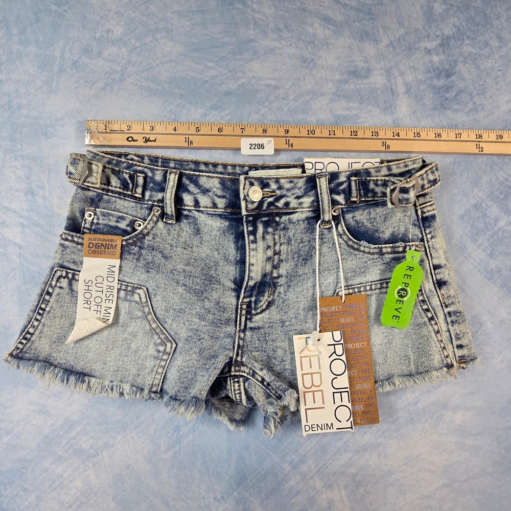 Project Rebel Womens Sz5 Acid Wash Mid Rise Mini Cut Off Denim Shorts Blue NWT